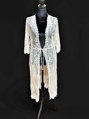 Fairycore Sheer Cardigan with Lace and Floral Embroidery M/L